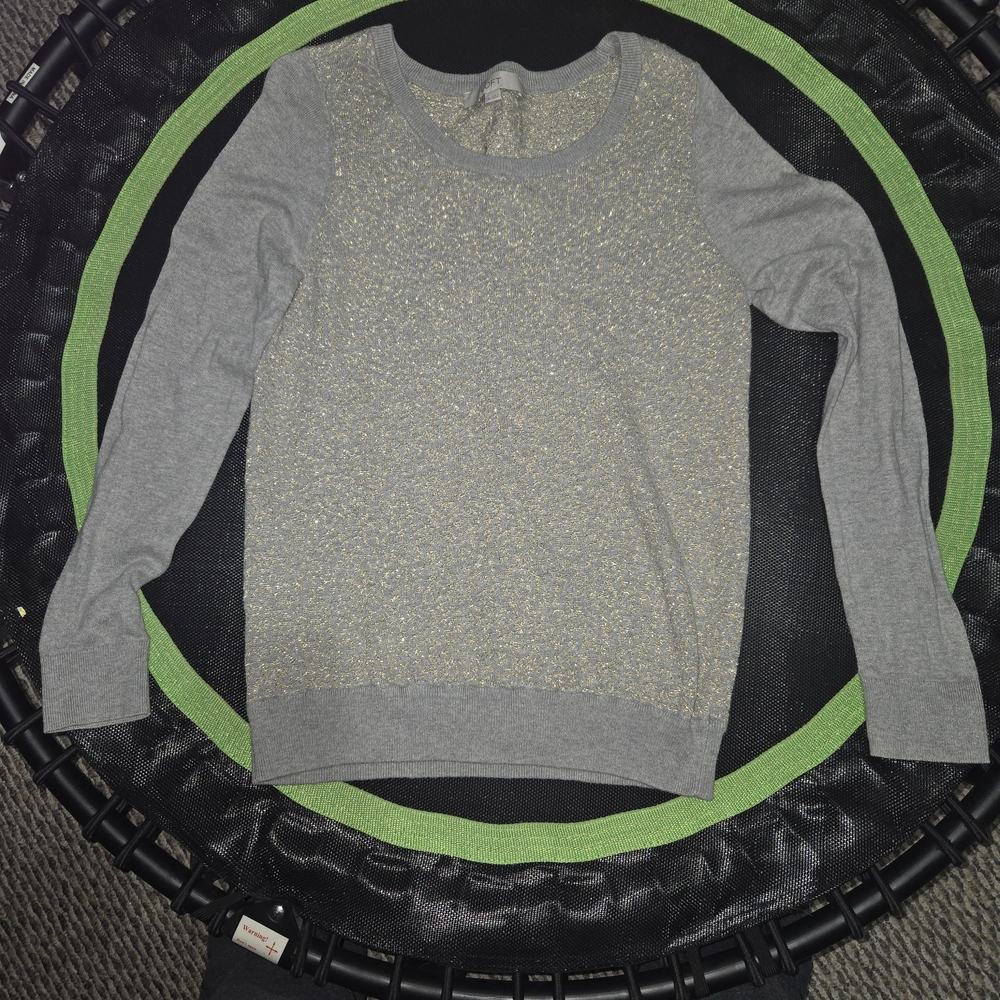 LOFT Gray Crewneck Sweater with Gold Metallic Front